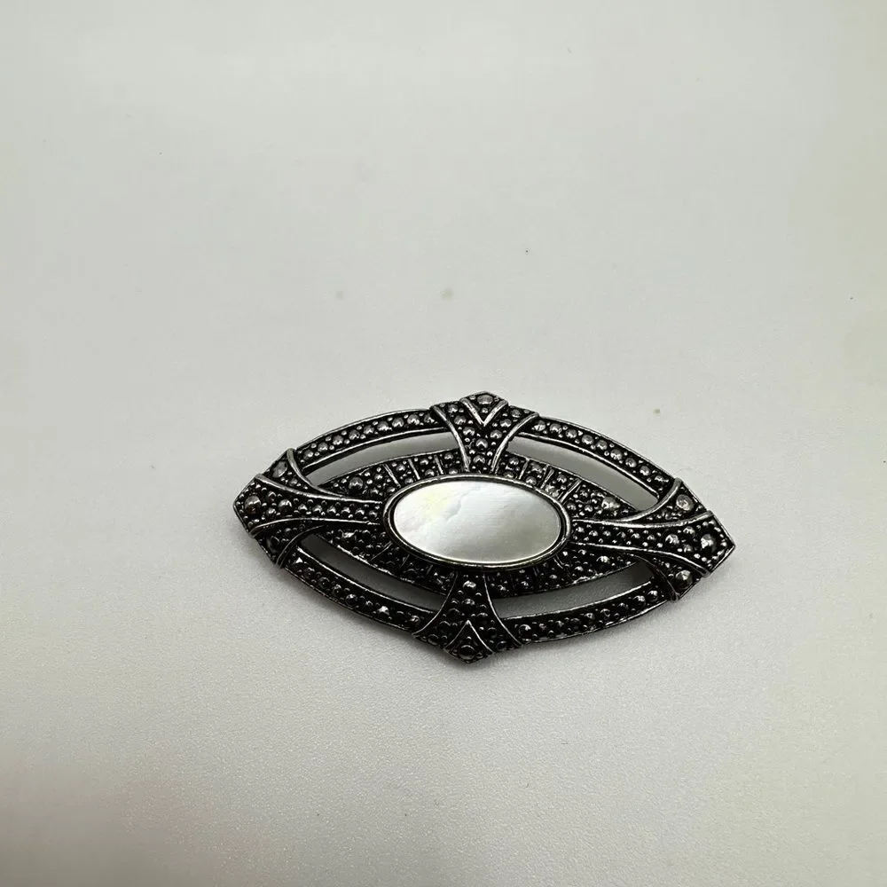 Avon Victorian Elegance Brooch Pin, 1987, Mother of Pearl Faux Marcasite Revival